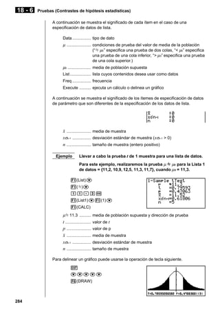 18 - 6

Pruebas (Contrastes de hipótesis estadísticas)
A continuación se muestra el significado de cada ítem en el caso de una
especificación de datos de lista.
Data ................ tipo de dato

µ ..................... condiciones de prueba del valor de media de la población
(“G µ0 ” especifica una prueba de dos colas, “< µ0” especifica
una prueba de una cola inferior, “> µ 0” especifica una prueba
de una cola superior.)
µ0 .................... media de población supuesta
List .................. lista cuyos contenidos desea usar como datos
Freq ................ frecuencia
Execute .......... ejecuta un cálculo o delinea un gráfico
A continuación se muestra el significado de los ítemes de especificación de datos
de parámetro que son diferentes de la especificación de los datos de lista.

o ..................... media de muestra
xσn-1 ................ desviación estándar de muestra (xσn-1 > 0)
n ..................... tamaño de muestra (entero positivo)
Ejemplo

Llevar a cabo la prueba t de 1 muestra para una lista de datos.
Para este ejemplo, realizaremos la prueba µ G µ0 para la Lista 1
de datos = {11,2, 10,9, 12,5, 11,3, 11,7}, cuando µ 0 = 11,3.

1(List)c
1(G)c
bb.dw
1(List1)c1(1)c
1(CALC)

µG 11.3 .......... media de población supuesta y dirección de prueba

t ......................
p .....................
o .....................
xσn-1 ................
n .....................

valor de t
valor de p
media de muestra
desviación estándar de muestra
tamaño de muestra

Para delinear un gráfico puede usarse la operación de tecla siguiente.
J
ccccc
6(DRAW)

284

 