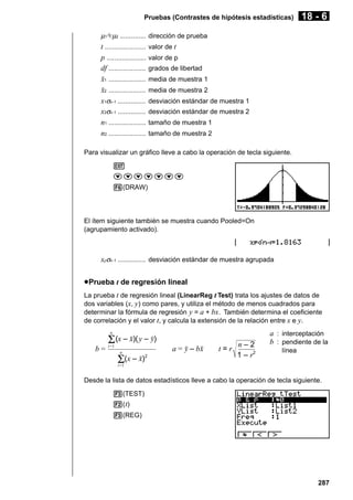 Pruebas (Contrastes de hipótesis estadísticas)

18 - 6

µ1Gµ2 .............. dirección de prueba

t ......................
p .....................
df ....................
o1 ....................
o2 ....................
x1σn -1 ...............
x2σn -1 ...............
n1 ....................
n2 ....................

valor de t
valor de p
grados de libertad
media de muestra 1
media de muestra 2
desviación estándar de muestra 1
desviación estándar de muestra 2
tamaño de muestra 1
tamaño de muestra 2

Para visualizar un gráfico lleve a cabo la operación de tecla siguiente.
J
ccccccc
6(DRAW)

El ítem siguiente también se muestra cuando Pooled=On
(agrupamiento activado).

xpσn -1 ............... desviación estándar de muestra agrupada
u Prueba t de regresión lineal
La prueba t de regresión lineal (LinearReg t Test) trata los ajustes de datos de
dos variables (x, y ) como pares, y utiliza el método de menos cuadrados para
determinar la fórmula de regresión y = a + bx. También determina el coeficiente
de correlación y el valor t, y calcula la extensión de la relación entre x e y.
n

b=

Σ (x – o)( y – p)
i=1

n

Σ(x – o)

2

a = p – bo

t=r

n–2
1 – r2

a : interceptación
b : pendiente de la
línea

i=1

Desde la lista de datos estadísticos lleve a cabo la operación de tecla siguiente.
3(TEST)
2( t)
3(REG)

287

 