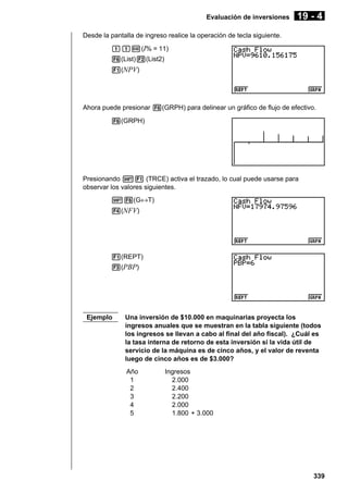 Evaluación de inversiones

19 - 4

Desde la pantalla de ingreso realice la operación de tecla siguiente.
bbw(I% = 11)
6(List)2(List2)
1(NPV)

Ahora puede presionar 6(GRPH) para delinear un gráfico de flujo de efectivo.
6(GRPH)

Presionando !1 (TRCE) activa el trazado, lo cual puede usarse para
observar los valores siguientes.
!6(G↔T)
4(NFV)

1(REPT)
3(PBP)

Ejemplo

Una inversión de $10.000 en maquinarias proyecta los
ingresos anuales que se muestran en la tabla siguiente (todos
los ingresos se llevan a cabo al final del año fiscal). ¿Cuál es
la tasa interna de retorno de esta inversión si la vida útil de
servicio de la máquina es de cinco años, y el valor de reventa
luego de cinco años es de $3.000?
Año
1
2
3
4
5

Ingresos
2.000
2.400
2.200
2.000
1.800 + 3.000

339

 