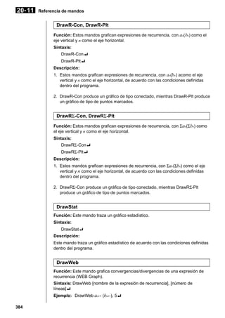 20- 11

Referencia de mandos

DrawR-Con, DrawR-Plt
Función: Estos mandos grafican expresiones de recurrencia, con an( bn) como el
eje vertical y n como el eje horizontal.
Sintaxis:
DrawR-Con_
DrawR-Plt_
Descripción:
1. Estos mandos grafican expresiones de recurrencia, con an(bn ) acomo el eje
vertical y n como el eje horizontal, de acuerdo con las condiciones definidas
dentro del programa.
2. DrawR-Con produce un gráfico de tipo conectado, mientras DrawR-Plt produce
un gráfico de tipo de puntos marcados.

DrawRΣ-Con, DrawRΣ-Plt
Función: Estos mandos grafican expresiones de recurrencia, con Σ an(Σ bn) como
el eje vertical y n como el eje horizontal.
Sintaxis:
DrawRΣ-Con_
DrawRΣ-Plt_
Descripción:
1. Estos mandos grafican expresiones de recurrencia, con Σan (Σbn) como el eje
vertical y n como el eje horizontal, de acuerdo con las condiciones definidas
dentro del programa.
2. DrawRΣ-Con produce un gráfico de tipo conectado, mientras DrawRΣ-Plt
produce un gráfico de tipo de puntos marcados.

DrawStat
Función: Este mando traza un gráfico estadístico.
Sintaxis:
DrawStat_
Descripción:
Este mando traza un gráfico estadístico de acuerdo con las condiciones definidas
dentro del programa.

DrawWeb
Función: Este mando grafica convergencias/divergencias de una expresión de
recurrencia (WEB Graph).
Sintaxis: DrawWeb [nombre de la expresión de recurrencia], [número de
líneas]_
Ejemplo: DrawWeb an+1 (bn+1), 5_
384

 
