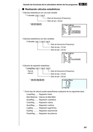 Usando las funciones de la calculadora dentro de los programas

20- 13

k Realizando cálculos estadísticos
• Cálculos estadísticos con una sola variable
1

1-Variable List 1, List 2
Dato de frecuencia (Frequency)
Dato de eje x (XList)
1

4161

• Cálculos estadísticos con dos variables
2-Variable List 1, List 2, List 3
Dato de frecuencia (Frequency)
Dato de eje y (YList)
Dato de eje x (XList)

• Cálculos de regresión estadística
1
LinearReg List 1, List 2, List 3
Tipo de
cálculo*

Dato de frecuencia (Frequency)
Dato de eje y (YList)
Dato de eje x (XList)

1

41661

* Como tipo de cálculo puede especificarse cualquiera de los siguientes tipos.
LinearReg ....... Regresión lineal.
Med-MedLine . Cálculo de Med-Med.
QuadReg ........ Regresión cuadrática.
CubicReg ....... Regresión cúbica.
QuartReg ........ Regresión cuártica.
LogReg ........... Regresión logarítmica.
ExpReg .......... Regresión exponencial.
PowerReg ...... Regresión de potencia.

397

 