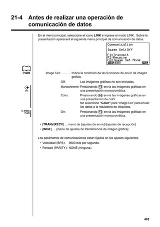 21-4

Antes de realizar una operación de
comunicación de datos
En el menú principal, seleccione el icono LINK e ingrese el modo LINK. Sobre la
presentación aparecerá el siguiente menú principal de comunicación de datos.

P.408

Image Set: .......... Indica la condición de las funciones de envío de imagen
gráfica.
Off:

CFX

Las imágenes gráficas no son enviadas.

Monochrome: Presionando M envía las imágenes gráficas en
una presentación monocromática.
Color:

fx-9750G
PLUS

Presionando M envía las imágenes gráficas en
una presentación de color
No seleccione "Color" para “Image Set” para enviar
los datos a la rotuladora de etiquetas.

On:

Presionando M envía las imágenes gráficas en
una presentación monocromática.

• {TRAN}/{RECV} ... menú de {ajustes de envío}/{ajustes de recepción}
• {IMGE} ... {menú de ajustes de transferencia de imagen gráfica}
Los parámetros de comunicaciones están fijados en los ajustes siguientes.
• Velocidad (BPS):

9600 bits por segundo.

• Paridad (PARITY): NONE (ninguna).

403

 