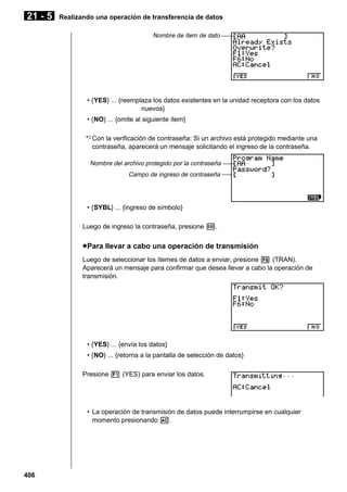 21 - 5

Realizando una operación de transferencia de datos
Nombre de ítem de dato

• {YES} ... {reemplaza los datos existentes en la unidad receptora con los datos
nuevos}
• {NO} ... {omite al siguiente ítem}
* 2 Con la verificación de contraseña: Si un archivo está protegido mediante una
contraseña, aparecerá un mensaje solicitando el ingreso de la contraseña.
Nombre del archivo protegido por la contraseña
Campo de ingreso de contraseña

• {SYBL} ... {ingreso de símbolo}

1 2 3 4 5

Luego de ingreso la contraseña, presione w.

u Para llevar a cabo una operación de transmisión
Luego de seleccionar los ítemes de datos a enviar, presione 6 (TRAN).
Aparecerá un mensaje para confirmar que desea llevar a cabo la operación de
transmisión.

• {YES} ... {envía los datos}
• {NO} ... {retorna a la pantalla de selección de datos}
Presione 1 (YES) para enviar los datos.

• La operación de transmisión de datos puede interrumpirse en cualquier
momento presionando A.

406

 