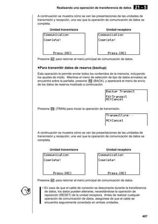 Realizando una operación de transferencia de datos

21 - 5

A continuación se muestra cómo se ven las presentaciones de las unidades de
transmisión y recepción, una vez que la operación de comunicación de datos se
completa.
Unidad transmisora

Unidad receptora

Presione A para retornar al menú principal de comunicación de datos.

u Para transmitir datos de reserva (backup)
Esta operación le permite enviar todos los contenidos de la memoria, incluyendo
los ajustes de modo. Mientras el menú de selección de tipo de datos enviados se
encuentra sobre la pantalla, presione 6 (BACK), y aparecerá el menú de envío
de los datos de reserva mostrado a continuación.

Presione 6 (TRAN) para iniciar la operación de transmisión.

A continuación se muestra cómo se ven las presentaciones de las unidades de
transmisión y recepción, una vez que la operación de comunicación de datos se
completa.
Unidad transmisora

Unidad receptora

Presione A para retornar al menú principal de comunicación de datos.
• En caso de que el cable de conexión se desconecte durante la transferencia
de datos, los datos pueden alterarse, necesitándose la operación de
reposición (RESET) de la unidad receptora. Antes de realizar cualquier
operación de comunicación de datos, asegúrese de que el cable se
encuentra seguramente conectado en ambas unidades.

407

 