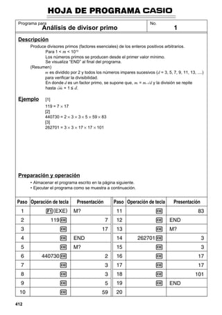 HOJA DE PROGRAMA
Programa para

Análisis de divisor primo

No.

1

Descripción
Produce divisores primos (factores esenciales) de los enteros positivos arbitrarios.
Para 1 < m < 1010
Los números primos se producen desde el primer valor mínimo.
Se visualiza “END” al final del programa.
(Resumen)
m es dividido por 2 y todos los números impares sucesivos (d = 3, 5, 7, 9, 11, 13, ....)
para verificar la divisibilidad.
En donde d es un factor primo, se supone que, mi = mi–1/d y la división se repite
hasta mi + 1 < d.

Ejemplo

[1]
119 = 7 × 17
[2]
440730 = 2 × 3 × 3 × 5 × 59 × 83
[3]
262701 = 3 × 3 × 17 × 17 × 101

Preparación y operación
• Almacenar el programa escrito en la página siguiente.
• Ejecutar el programa como se muestra a continuación.

Paso Operación de tecla

412

Presentación

Paso Operación de tecla

Presentación

 