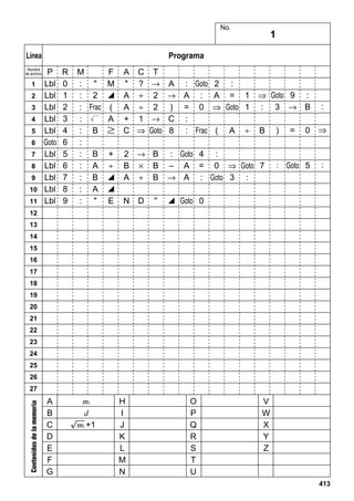 No.

Línea
Nombre
de archivo

1
2
3
4
5
6
7
8
9
10
11

1

Programa
P
Lbl
Lbl
Lbl
Lbl
Lbl
Goto
Lbl
Lbl
Lbl
Lbl
Lbl

R
0
1
2
3
4
6
5
6
7
8
9

M
:
:
:
:
:
:
:
:
:
:
:

F
" M
2 ^
Frac (
A
B I
B
A
B
A
"

A C
" ?
A ÷
A ÷
+ 1
C ⇒

T
→
2
2
→
Goto

+ 2 → B
÷ B × B
^ A ÷ B
^
E N D "

A : Goto
→ A :
) = 0
C :
8 : Frac

2 :
A = 1 ⇒ Goto 9 :
⇒ Goto 1 : 3 → B
(

A

÷

B

: Goto 4 :
– A = 0 ⇒ Goto 7
→ A : Goto 3 :

)

=

:

0 ⇒

: Goto 5

:

^ Goto 0

12
13
14
15
16
17
18
19
20
21
22
23
24
25
26

Contenidos de la memoria

27

A
B
C
D
E
F
G

mi
d
mi +1

H
I
J
K
L
M
N

O
P
Q
R
S
T
U

V
W
X
Y
Z

413

 