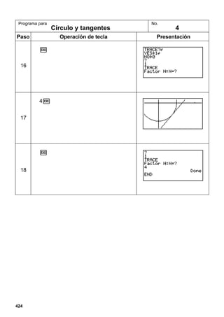Programa para

Paso

16

17

18

424

Círculo y tangentes
Operación de tecla

No.

4

Presentación

 