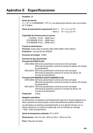 Apéndice E Especificaciones
Variables: 28
Gama de cálculo:
±1 × 10–99 a ±9,999999999 × 1099 y 0. Las operaciones internas usan una mantisa
de 15 dígitos.
Gama de presentación exponencial: Norm 1:
Norm 2:

10–2 > |x|, | x| > 1010
10–9 > |x|, | x| > 1010

Capacidad de memoria para el usuario:
fx-9750G PLUS ... 26KB (max.)
CFX-9850GB PLUS ... 28KB (max.)
CFX-9950GB PLUS ... 60KB (max.)
Fuente de alimentación:
Principal: Cuatro pilas de tamaño AAA (LR03 (AM4) o R03 (UM-4)).
Protección: Una pila de litio CR2032
Consumo de energía: 0,06W
Duración de pila aproximada:
Principal (fx-9750G PLUS):
LR03 (AM4): 420 horas (presentación continua de menú principal)
350 horas de operación continua (5 minutos de cálculo, 55 minutos
de presentación)
R03 (UM-4): 240 horas (presentación continua de menú principal)
200 horas de operación continua (5 minutos de cálculo, 55
minutos de presentación)
Principal (CFX-9850GB PLUS/CFX-9950GB PLUS):
LR03 (AM4): 320 horas (presentación continua de menú principal)
280 horas de operación continua (5 minutos de cálculo, 55 minutos
de presentación)
R03 (UM-4): 180 horas (presentación continua de menú principal)
160 horas de operación continua (5 minutos de cálculo, 55
minutos de presentación)
Protección:
2 años
Apagado automático:
La alimentación se desactiva automáticamente luego de 6 minutos después de la
última operación de tecla excepto cuando está delineando gráficos dinámicos.
La calculadora se desactiva automáticamente si se la deja 60 minutos con un
cálculo parado por un mando de salida (^), que es indicado por mensaje
“-Disp-” sobre la presentación.
Gama de temperatura ambiente: 0°C a 40°C
Dimensiones: 24,5 mm (Al) × 90,0 mm (An) × 182,5 mm (Pr)
Peso: 215g (con las pilas)

441

 