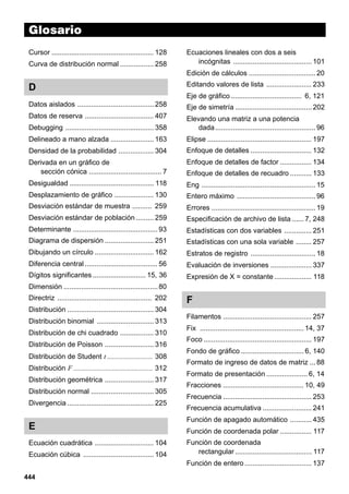 Glosario
Cursor .................................................... 128
Curva de distribución normal ................. 258

Ecuaciones lineales con dos a seis
incógnitas ........................................ 101
Edición de cálculos .................................. 20

D

Editando valores de lista ....................... 233
Eje de gráfico .................................... 6, 121

Datos aislados ....................................... 258

Eje de simetría ....................................... 202

Datos de reserva ................................... 407
Debugging ............................................. 358

Elevando una matriz a una potencia
dada ................................................... 96

Delineado a mano alzada ...................... 163

Elipse ..................................................... 197

Densidad de la probabilidad .................. 304

Enfoque de detalles ............................... 132

Derivada en un gráfico de
sección cónica ..................................... 7

Enfoque de detalles de factor ................ 134

Desigualdad ........................................... 118

Eng .......................................................... 15

Desplazamiento de gráfico .................... 130

Entero máximo ........................................ 96

Desviación estándar de muestra .......... 259

Errores ..................................................... 19

Desviación estándar de población ......... 259

Especificación de archivo de lista ...... 7, 248

Determinante ........................................... 93

Estadísticas con dos variables .............. 251

Diagrama de dispersión ......................... 251

Estadísticas con una sola variable ........ 257

Dibujando un círculo .............................. 162

Estratos de registro ................................. 18

Diferencia central ..................................... 56

Evaluación de inversiones ..................... 337

Dígitos significantes ........................... 15, 36

Expresión de X = constante ................... 118

Enfoque de detalles de recuadro ........... 133

Dimensión ................................................ 80
Directriz ................................................ 202

F

Distribución ............................................ 304
Distribución binomial ............................. 313
Distribución de chi cuadrado ................. 310
Distribución de Poisson ......................... 316
Distribución de Student t .......................... 308
Distribución F ............................................. 312
Distribución geométrica ......................... 317
Distribución normal ................................ 305
Divergencia ............................................ 225

E
Ecuación cuadrática .............................. 104
Ecuación cúbica .................................... 104

Filamentos ............................................. 257
Fix ..................................................... 14, 37
Foco ....................................................... 197
Fondo de gráfico ................................ 6, 140
Formato de ingreso de datos de matriz ... 88
Formato de presentación ..................... 6, 14
Fracciones ......................................... 10, 49
Frecuencia ............................................. 253
Frecuencia acumulativa ......................... 241
Función de apagado automático ........... 435
Función de coordenada polar ................ 117
Función de coordenada
rectangular ....................................... 117
Función de entero .................................. 137

444

 