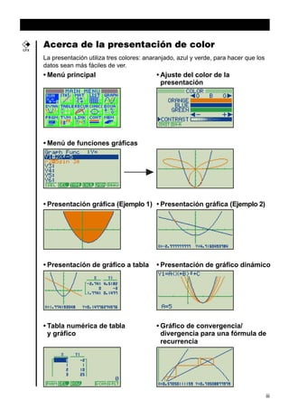 CFX

Acerca de la presentación de color
La presentación utiliza tres colores: anaranjado, azul y verde, para hacer que los
datos sean más fáciles de ver.

• Menú principal

• Ajuste del color de la
presentación

• Menú de funciones gráficas

• Presentación gráfica (Ejemplo 1) • Presentación gráfica (Ejemplo 2)

• Presentación de gráfico a tabla

• Presentación de gráfico dinámico

• Tabla numérica de tabla
y gráfico

• Gráfico de convergencia/
divergencia para una fórmula de
recurrencia

iii

 