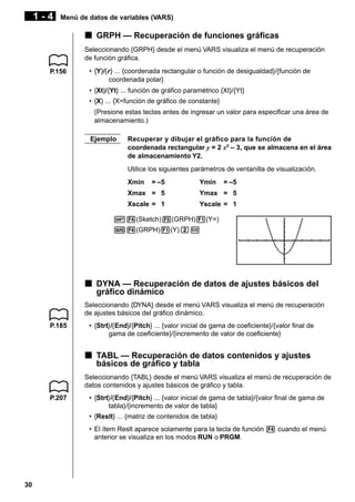 1-4

Menú de datos de variables (VARS)

k GRPH — Recuperación de funciones gráficas
Seleccionando {GRPH} desde el menú VARS visualiza el menú de recuperación
de función gráfica.
P.156

• {Y}/{ r} ... {coordenada rectangular o función de desigualdad}/{función de
coordenada polar}
• {Xt}/{Yt} ... función de gráfico paramétrico {Xt}/{Yt}
• {X} ... {X=función de gráfico de constante}
(Presione estas teclas antes de ingresar un valor para especificar una área de
almacenamiento.)
Ejemplo

Recuperar y dibujar el gráfico para la función de
coordenada rectangular y = 2 x2 – 3, que se almacena en el área
de almacenamiento Y2.
Utilice los siguientes parámetros de ventanilla de visualización.
Xmin

= –5

Ymin

= –5

Xmax = 5

Ymax = 5

Xscale = 1

Yscale = 1

!4(Sketch)5(GRPH)1(Y=)
J4(GRPH)1(Y)cw

k DYNA — Recuperación de datos de ajustes básicos del
gráfico dinámico
Seleccionando {DYNA} desde el menú VARS visualiza el menú de recuperación
de ajustes básicos del gráfico dinámico.
P.185

• {Strt}/{End}/{Pitch} ... {valor inicial de gama de coeficiente}/{valor final de
gama de coeficiente}/{incremento de valor de coeficiente}

k TABL — Recuperación de datos contenidos y ajustes
básicos de gráfico y tabla
Seleccionando {TABL} desde el menú VARS visualiza el menú de recuperación de
datos contenidos y ajustes básicos de gráfico y tabla.
P.207

• {Strt}/{End}/{Pitch} ... {valor inicial de gama de tabla}/{valor final de gama de
tabla}/{incremento de valor de tabla}
• {Reslt} ... {matriz de contenidos de tabla}
• El ítem Reslt aparece solamente para la tecla de función 4 cuando el menú
anterior se visualiza en los modos RUN o PRGM.

30

 
