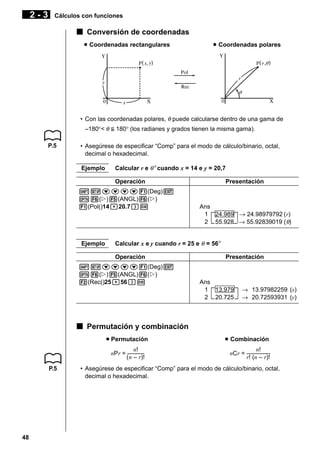 2-3

Cálculos con funciones

k Conversión de coordenadas
u Coordenadas rectangulares

u Coordenadas polares

• Con las coordenadas polares, θ puede calcularse dentro de una gama de
–180°< θ < 180° (los radianes y grados tienen la misma gama).
P.5

• Asegúrese de especificar “Comp” para el modo de cálculo/binario, octal,
decimal o hexadecimal.
Ejemplo

Calcular r e θ° cuando x = 14 e y = 20,7
Operación

!Zcccc1(Deg)J
K6(g)5(ANGL)6(g)
1(Pol()14,20.7)w

Ejemplo

Presentación

Ans
1 – 24.989– → 24.98979792 (r)
2 – 55.928– → 55.92839019 (θ)

Calcular x e y cuando r = 25 e θ = 56°
Operación

!Zcccc1(Deg)J
K6(g)5(ANGL)6(g)
2(Rec()25,56)w

Presentación

Ans
1 – 13.979 – → 13.97982259 (x)
2 – 20.725 – → 20.72593931 (y)

k Permutación y combinación
u Permutación
n!
nPr = –––––
(n – r)!
P.5

48

u Combinación
n!
nCr = –––––––
r! (n – r)!

• Asegúrese de especificar “Comp” para el modo de cálculo/binario, octal,
decimal o hexadecimal.

 
