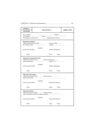 CAPÍTULO V.- Realización del producto                                          101


   EMPRESA
                                     HOJA DE RUTA                     FABRICACIÓN
   LOGOTIPO

   Pieza a fabricar……………………………………………… Código nº………………
   Nº de pedido: …………………… Cliente: ……………………………………………
   Procedimiento de fabricación: ……………… Especificaciones técnicas: ………


   Operación: Fundición
   Código identificación de colada: …………      Fecha de colada: ……………
   Peso total de colada: ………………………            Calidad: ………………………

                              Aceptada
   Jefe de turno del Taller                   Nombre del Inspector:


          Firma:                              Fecha:        Firma:


   Operación: Tratamiento térmico
   Código identificación de lote: ………… Fecha de tratamiento: ………
   Tipo de tratamiento: ……………………                  Gráfico T-T nº: ………………

                              Aceptado
   Jefe de turno del Taller                   Nombre del Inspector:


          Firma:                              Fecha:        Firma:


   Operación: Mecanizado
   Código identificación de lote: ………… Fecha de mecan.: ……………
   Tipo de mecanizado: .…………………………………………………………………

                              Aceptada
   Jefe de turno del Taller                   Nombre del Inspector:


          Firma:                              Fecha:        Firma:


   Operación: Pintura
   Código identificación de lote: ………… Fecha de pintura: ……………
   Tipo de tratamiento superficie y esquema pintado: ………………………………

                              Aceptada
   Jefe de turno del Taller                   Nombre del Inspector:


          Firma:                              Fecha:        Firma:
 
