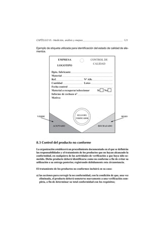 CAPÍTULO VI.- Medición, análisis y mejora                                   121


Ejemplo de etiqueta utilizada para identificación del estado de calidad de ele-
mentos.


                   EMPRESA                       CONTROL DE
                                                  CALIDAD
                  LOGOTIPO

             Dpto. fabricante
             Material
             Ref.                        Nº Alb.
             Cantidad                    Lotes
             Fecha control
             Material a recuperar/seleccionar        Si    No
             Informe de rechazo nº
             Motivo:




                                    SELLO DEL
VERDE                                                                     ROJO
                                   VERIFICADOR


              ACEPTADO                                RECHAZADO




8.3 Control del producto no conforme

La organización establecerá un procedimiento documentado en el que se definirán
las responsabilidades y el tratamiento de los productos que no hayan alcanzado la
conformidad, en cualquiera de las actividades de verificación a que haya sido so-
metido. Dicho producto deberá identificarse como no conforme a fin de evitar su
utilización o su entrega posterior, registrando debidamente esta circunstancia.

El tratamiento de los productos no conformes incluirá en su caso:

a) las acciones para corregir la no conformidad, con la condición de que, una vez
   eliminada, el producto deberá someterse nuevamente a una verificación com-
   pleta, a fin de determinar su total conformidad con los requisitos;
 