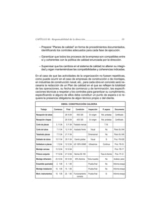 CAPÍTULO III.- Responsabilidad de la dirección                                                            39


   – Preparar “Planes de calidad” en forma de procedimientos documentados,
     identificando los controles adecuados para cada fase de ejecución.

   – Garantizar que todos los procesos de la empresa son compatibles entre
     sí y coherentes con la política de calidad enunciada por la dirección.

   – Supervisar que los cambios en el sistema de calidad no alteren su integri-
     dad y sigan manteniéndose las compatibilidades y coherencias indicadas.

En el caso de que las actividades de la organización no fuesen repetitivas,
como puede ocurrir en el caso de empresas de construcción o de montajes,
en industrias de construcción naval, etc., para cada obra en concreto será ne-
cesaria la redacción de un Plan de calidad en el que se reflejen la totalidad
de las operaciones, su fecha de comienzo y de terminación, las especifi-
caciones técnicas a respetar y los controles para garantizar su cumplimiento,
especificando si alguno de ellos debe constituir un punto de espera o si re-
quiere la presencia obligatoria de algún técnico propio o del cliente.

                              OBRA: CONSTRUCCIÓN CALDERA

     Trabajo          Comienzo      Final       Condición       Inspección      P. espera        Documento

Recepción de tubos                 28.10.94      AISI 305       En origen     Rot. probetas       Certificado

Recepción chapas                   28.10.94      AISI 305       En origen     Rot. probetas       Certificado

Corte de placas         3. 11.94    5.11.94 Traslado marcas                        T. M.

Corte de tubos          7.11.94    12.11.94   Acabado frente      Visual            No          Plano BJ-344

Taladrado placas        7.11.94    21.11.94                    Dimensional          No          Plano BJ-345

Doblado de tubos       15.11.94    29.11.94   Exento grietas      Visual            Si           Proc. FB-028

Soldadura a placas      1.12.94    12.12.94 US 100% ASME        Ultrasónica      Continua        Proc. FB-33

Montaje carcasa        13.12.94    15.12.94                                                      Proc. FB-17

Pintura conjunto       17.12.94    21.12.94   Norma SS 105                    Tras el chorreo    Proc. PI-12

Montaje refractario    23.12.94    30.12.94    45% Alúmina     Toma muestra         No          Análisis Labor.

Ensamble quemador       2. 1.95     5. 1.95                    Prueba final        No           Informe ensayo

Montaje instalación    10. 1.95    15. 1.95                    Prueba final        No           Informe ensayo

Mont. instrumentos     15. 1.95    20. 1.95   Funcionamiento   Prueba final         Si          Informe ensayo
                                                 correcto
 