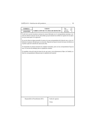 CAPÍTULO V.- Realización del producto                                                                 95


   EMPRESA                                    FAB-014                                 Pág.      2/2
                                                                                      Edición: 3/00
   LOGOTIPO             FABRICACIÓN DE UNA MESA DE DESPACHO
                                                                                      Revisión:   6
 El jefe de la sección de pintura contrasta las mesas fabricadas con el correspondiente prototipo y ter-
 mina de rellenar la hoja de ruta de cada unidad, que previamente ha recibido los registros de los opera-
 rios que toman parte en la operación.

 En caso de observar alguna anomalía, la anota en la zona correspondiente de la hoja de ruta y avisa ver-
 balmente al operario afectado para su corrección. Deposita las hojas de ruta de las mesas sin defecto en
 el primer cajón de la derecha de cada una de ellas.

 El manipulador de pintura transporta las unidades terminadas, junto con las correspondientes hojas de
 ruta, a la sección de embalajes para su expedición a destino.

 El expedidor extrae del cajón las hojas de ruta, que reune y envía diariamente al Dpto. de Calidad y re-
 llena los correspondientes albaranes para la expedición del material.




      Responsable de Procedimiento (R.P.)               Fecha de vigencia:

                                                        Firma:
 