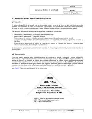 Manual
                                                                                     Código :
                                      Manual de Gestión de la Calidad                               MGC-01
                                                                                     Revisión : 1     Página 7 de 18



IV. Nuestro Sistema de Gestión de la Calidad
IV.1 Requisitos

El sistema de gestión de la calidad, está conformado por nuestro personal, la forma en que nos relacionamos, los
procesos, procedimientos así como por los recursos que utilizamos para garantizar la calidad de nuestros productos y
servicios, en donde involucramos cada paso - desde el diseño hasta su entrega y el servicio posterior a éste.

Los requisitos del sistema de gestión de la calidad que implantamos implican que:

•   Identificamos y determinamos los procesos que intervienen en él
•   Determinamos la secuencia e interacción de estos
•   Determinamos los criterios y métodos se requieren para asegurar su efectiva operación y control
•   Aseguramos la disponibilidad de la información necesaria para soportar su operación y seguimiento, así como su
    medición
•   Proporcionamos seguimiento y análisis e implantamos, cuando se requiere, las acciones necesarias para
    alcanzar los resultados planeados y la mejora continua

En las ocasiones que contratamos externamente servicios de transporte y mantenimiento, mantenemos el control de
esos procesos.


IV.2 Documentación

Para que nuestro sistema opere consistentemente, se mantenga y pueda mejorarse, hemos establecido,
documentado e implantado documentos, considerando de mayor jerarquía el presente Manual ya que contiene la
política de calidad y los objetivos de calidad, así como los lineamientos de nuestro sistema del cual se derivan los
procedimientos requeridos por la norma, más los documentos que requerimos en SU EMPRESA, S.A de C.V.
incluyendo los registros de calidad, de tal manera que podemos asegurar la operación efectiva y el control de nuestros
procesos. Nuestros documentos se han elaborado y clasificado en tres, según su jerarquía y aplicación.

Ver PA-IV-2 Elaboración y codificación de los documentos




                                                         MGC
                                                    MO, PA's
                                            Planes de Calidad,
                                         Instrucciones de trabajo

                                         Instructivos, Formatos,
                                        Registros, Publicidad, etc.


                                    MGC – Ma nual de gestión de la Calidad
                                    MO – Manuales Organizacionales
                                    PA’s – Procedimientos




            Fecha de Emisión :                             Copia No Controlada, Impresa el día 07/12/金曜日
 