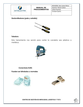 MANUAL DE 
PROCEDIMIENTOS 
REVISION: Jhon Jaime Pérez 
Autores: Richar Cañon 
Johan Huertas 
Cristian Castro 
CENTRO DE GESTIÓN DE MERCADOS, LOGÍSTICA Y TIC'S 
Destornilladores (pala y estrella): 
Taladora 
Esta herramienta nos servirá para cortar la canaleta sea plástica o metálica. 
Conectores RJ45: 
Pueden ser blindados o normales 
 
