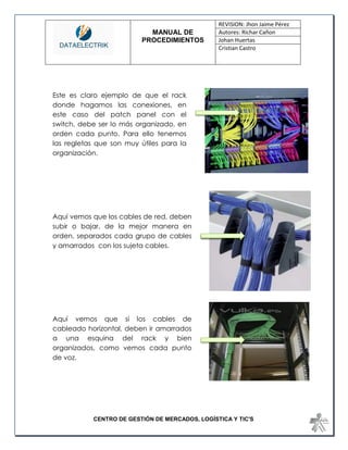 MANUAL DE 
PROCEDIMIENTOS 
REVISION: Jhon Jaime Pérez 
Autores: Richar Cañon 
Johan Huertas 
Cristian Castro 
CENTRO DE GESTIÓN DE MERCADOS, LOGÍSTICA Y TIC'S 
Aquí vemos que si los cables de cableado horizontal, deben ir amarrados a una esquina del rack y bien organizados, como vemos cada punto de voz. 
Este es claro ejemplo de que el rack donde hagamos las conexiones, en este caso del patch panel con el switch, debe ser lo más organizado, en orden cada punto. Para ello tenemos las regletas que son muy útiles para la organización. 
o bajar, de la mejor manera en cada grupo de cables Aquí vemos que los cables de red, deben subir o bajar, de la mejor manera en orden, separados cada grupo de cables y amarrados con los sujeta cables. 
 