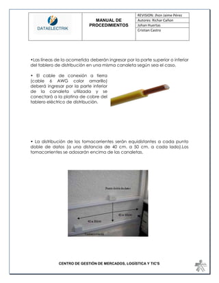 MANUAL DE 
PROCEDIMIENTOS 
REVISION: Jhon Jaime Pérez 
Autores: Richar Cañon 
Johan Huertas 
Cristian Castro 
CENTRO DE GESTIÓN DE MERCADOS, LOGÍSTICA Y TIC'S 
•Las líneas de la acometida deberán ingresar por la parte superior o inferior del tablero de distribución en una misma canaleta según sea el caso. 
• El cable de conexión a tierra (cable 6 AWG color amarillo) deberá ingresar por la parte inferior de la canaleta utilizada y se conectará a la platina de cobre del tablero eléctrico de distribución. 
• La distribución de los tomacorrientes serán equidistantes a cada punto doble de datos (a una distancia de 40 cm. a 50 cm. a cada lado).Los tomacorrientes se adosarán encima de las canaletas. 
 