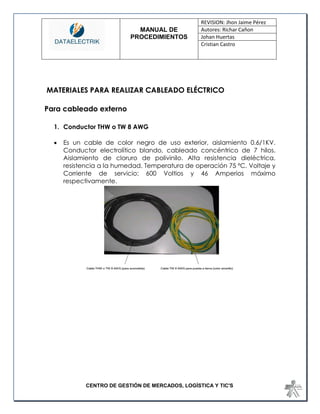 MANUAL DE 
PROCEDIMIENTOS 
REVISION: Jhon Jaime Pérez 
Autores: Richar Cañon 
Johan Huertas 
Cristian Castro 
CENTRO DE GESTIÓN DE MERCADOS, LOGÍSTICA Y TIC'S 
MATERIALES PARA REALIZAR CABLEADO ELÉCTRICO 
Para cableado externo 
1. Conductor THW o TW 8 AWG 
 Es un cable de color negro de uso exterior, aislamiento 0.6/1KV. Conductor electrolítico blando, cableado concéntrico de 7 hilos. Aislamiento de cloruro de polivinilo. Alta resistencia dieléctrica, resistencia a la humedad. Temperatura de operación 75 ºC. Voltaje y Corriente de servicio: 600 Voltios y 46 Amperios máximo respectivamente. 
 
