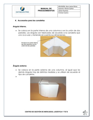 MANUAL DE 
PROCEDIMIENTOS 
REVISION: Jhon Jaime Pérez 
Autores: Richar Cañon 
Johan Huertas 
Cristian Castro 
CENTRO DE GESTIÓN DE MERCADOS, LOGÍSTICA Y TIC'S 
4. Accesorios para las canaletas 
Angulo interno. 
 Se coloca en la parte interna de una columna o en la unión de dos paredes. Los ángulos son fabricados de acuerdo a la canaleta que uno va a usar, y teniendo en cuenta sus dimensiones. 
Ángulo externo 
 Se coloca en la parte externa de una columna, al igual que los demás ángulos hay de distintas medidas y se utilizan de acuerdo al tipo de canaletas. 
 
 