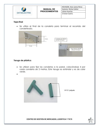 MANUAL DE 
PROCEDIMIENTOS 
REVISION: Jhon Jaime Pérez 
Autores: Richar Cañon 
Johan Huertas 
Cristian Castro 
CENTRO DE GESTIÓN DE MERCADOS, LOGÍSTICA Y TIC'S 
Tapa final 
 Se utiliza al final de la canaleta para terminar el recorrido del canaleteado. 
Tarugo de plástico 
 Se utilizan para fijar las canaletas a la pared, colocándose 4 por cada canaleta de 2 metros. Este tarugo es estándar y es de color verde. 
 
 