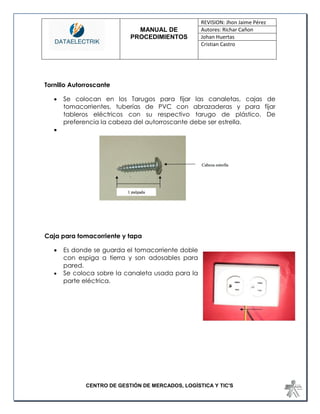 MANUAL DE 
PROCEDIMIENTOS 
REVISION: Jhon Jaime Pérez 
Autores: Richar Cañon 
Johan Huertas 
Cristian Castro 
CENTRO DE GESTIÓN DE MERCADOS, LOGÍSTICA Y TIC'S 
Tornillo Autorroscante 
 Se colocan en los Tarugos para fijar las canaletas, cajas de tomacorrientes, tuberías de PVC con abrazaderas y para fijar tableros eléctricos con su respectivo tarugo de plástico. De preferencia la cabeza del autorroscante debe ser estrella. 
 
Caja para tomacorriente y tapa 
 Es donde se guarda el tomacorriente doble con espiga a tierra y son adosables para pared. 
 Se coloca sobre la canaleta usada para la parte eléctrica. 
 