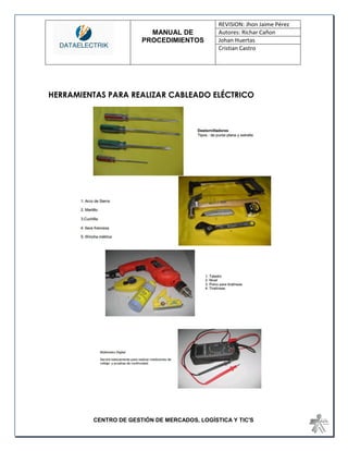 MANUAL DE 
PROCEDIMIENTOS 
REVISION: Jhon Jaime Pérez 
Autores: Richar Cañon 
Johan Huertas 
Cristian Castro 
CENTRO DE GESTIÓN DE MERCADOS, LOGÍSTICA Y TIC'S 
HERRAMIENTAS PARA REALIZAR CABLEADO ELÉCTRICO 
 