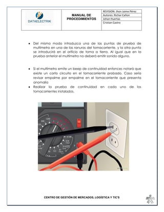 MANUAL DE 
PROCEDIMIENTOS 
REVISION: Jhon Jaime Pérez 
Autores: Richar Cañon 
Johan Huertas 
Cristian Castro 
CENTRO DE GESTIÓN DE MERCADOS, LOGÍSTICA Y TIC'S 
 Del mismo modo introduzca una de las puntas de prueba de multímetro en una de las ranuras del tomacorriente, y la otra punta se introducirá en el orificio de toma a tierra. Al igual que en la prueba anterior el multímetro no deberá emitir sonido alguno. 
 Si el multímetro emite un beep de continuidad entonces notará que existe un corto circuito en el tomacorriente probado. Caso sería revisar empalme por empalme en el tomacorriente que presenta anomalía 
 Realizar la prueba de continuidad en cada uno de los tomacorrientes instalados. 
 