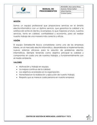 MANUAL DE 
PROCEDIMIENTOS 
REVISION: Jhon Jaime Pérez 
Autores: Richar Cañon 
Johan Huertas 
Cristian Castro 
CENTRO DE GESTIÓN DE MERCADOS, LOGÍSTICA Y TIC'S 
MISIÓN 
Somos un equipo profesional que proporciona servicios en el ámbito electro-informático con un óptimo servicio, que garantice la calidad y la satisfacción entre el cliente y la empresa, lo que mejorara a futuro, nuestros servicios, tanto en calidad, confiabilidad y economía, para así realizar nuestro trabajo de una manera más correcta y eficaz. 
VISIÓN 
El equipo Dataelectrik Busca consolidarse como una de las empresas líderes, en el mercado electro-informático, desarrollando e implementando nuevos sistemas eficaces para la solución de problemas electro- informáticos. Siempre teniendo como objetivo principal la calidad y compromiso en cada uno de nuestros trabajos, y fundamentalmente con el medio ambiente. 
VALORES 
 Motivación y trabajo en equipo. 
 La mejora continua de la calidad. 
 Los objetivos acordados en la organización. 
 Honestidad en la realización y ejecución de nuestro trabajo. 
 Respeto que se merece cada persona en nuestra empresa 
 