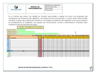 MANUAL DE 
PROCEDIMIENTOS 
REVISION: Jhon Jaime Pérez 
Autores: Richar Cañon 
Johan Huertas 
Cristian Castro 
CENTRO DE GESTIÓN DE MERCADOS, LOGÍSTICA Y TIC'S 
Es un informe que indica con detalle los cambios estructurales a realizar así como una propuesta del cronograma de instalación del cableado y los elementos de comunicación y control, dicho informe debe contener un plano de la edificación donde se va a realizar la instalación del cableado en el cual se indiquen las canalizaciones, el cableado y los equipos de comunicación, control y administración necesarios para implantar la red de transmisión de datos.  