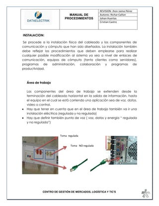 MANUAL DE 
PROCEDIMIENTOS 
REVISION: Jhon Jaime Pérez 
Autores: Richar Cañon 
Johan Huertas 
Cristian Castro 
CENTRO DE GESTIÓN DE MERCADOS, LOGÍSTICA Y TIC'S 
INSTALACION: 
Se procede a la instalación física del cableado y los componentes de comunicación y cómputo que han sido diseñados. La instalación también debe reflejar los procedimientos que deben emplearse para realizar cualquier posible modificación al sistema ya sea a nivel de enlaces de comunicación, equipos de cómputo (tanto clientes como servidores), programas de administración, colaboración y programas de productividad. 
Área de trabajo 
Los componentes del área de trabajo se extienden desde la terminación del cableado horizontal en la salida de información, hasta el equipo en el cual se está corriendo una aplicación sea de voz, datos, video o control. 
 Hay que tener en cuenta que en el área de trabajo también va ir una instalación eléctrica (regulada y no regulada) 
 Hay que definir también punto de voz ( voz, datos y energía “ regulada y no regulada”) 
Toma regulada 
Toma NO regulada  
