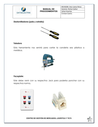 MANUAL DE 
PROCEDIMIENTOS 
REVISION: Jhon Jaime Pérez 
Autores: Richar Cañon 
Johan Huertas 
Cristian Castro 
CENTRO DE GESTIÓN DE MERCADOS, LOGÍSTICA Y TIC'S 
Destornilladores (pala y estrella): 
Taladora 
Esta herramienta nos servirá para cortar la canaleta sea plástica o metálica. 
Faceplate: 
Este debe venir con su respectivo Jack para poderlos ponchar con su respectiva norma. 
 