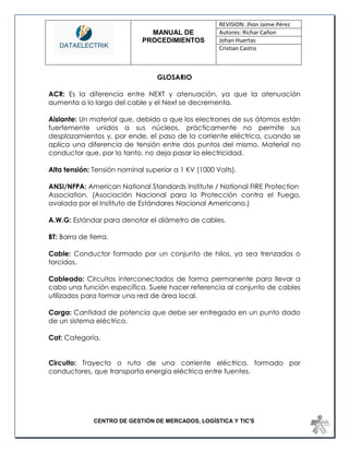 MANUAL DE 
PROCEDIMIENTOS 
REVISION: Jhon Jaime Pérez 
Autores: Richar Cañon 
Johan Huertas 
Cristian Castro 
CENTRO DE GESTIÓN DE MERCADOS, LOGÍSTICA Y TIC'S 
GLOSARIO 
ACR: Es la diferencia entre NEXT y atenuación, ya que la atenuación aumenta a lo largo del cable y el Next se decrementa. 
Aislante: Un material que, debido a que los electrones de sus átomos están fuertemente unidos a sus núcleos, prácticamente no permite sus desplazamientos y, por ende, el paso de la corriente eléctrica, cuando se aplica una diferencia de tensión entre dos puntos del mismo. Material no conductor que, por lo tanto, no deja pasar la electricidad. 
Alta tensión: Tensión nominal superior a 1 KV (1000 Volts). 
ANSI/NFPA: American National Standards Institute / National FIRE Protection 
Association. (Asociación Nacional para la Protección contra el Fuego, avalada por el Instituto de Estándares Nacional Americano.) 
A.W.G: Estándar para denotar el diámetro de cables. 
BT: Barra de tierra. 
Cable: Conductor formado por un conjunto de hilos, ya sea trenzados o torcidos. 
Cableado: Circuitos interconectados de forma permanente para llevar a cabo una función específica. Suele hacer referencia al conjunto de cables utilizados para formar una red de área local. 
Carga: Cantidad de potencia que debe ser entregada en un punto dado de un sistema eléctrico. 
Cat: Categoría. 
Circuito: Trayecto o ruta de una corriente eléctrica, formado por conductores, que transporta energía eléctrica entre fuentes. 
 