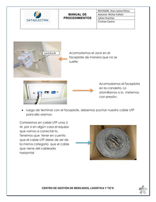 MANUAL DE 
PROCEDIMIENTOS 
REVISION: Jhon Jaime Pérez 
Autores: Richar Cañon 
Johan Huertas 
Cristian Castro 
CENTRO DE GESTIÓN DE MERCADOS, LOGÍSTICA Y TIC'S 
 luego de terminar con el faceplate, debemos pochar nuestro cable UTP para ello aremos: 
Acomodamos el Jack en el faceplate de manera que no se suelte 
Acomodamos el faceplata en la canaleta. Lo atornillamos o lo metemos con presión. 
Cortaremos en cable UTP unos 5 M, por si en algún caso el equipo que vamos a conectar lo. Tenemos que tener en cuenta que el cable UTP debe de ser de la misma categoría que el cable que viene del cableado horizontal  