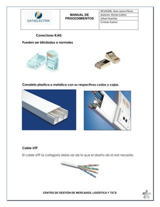 MANUAL DE 
PROCEDIMIENTOS 
REVISION: Jhon Jaime Pérez 
Autores: Richar Cañon 
Johan Huertas 
Cristian Castro 
CENTRO DE GESTIÓN DE MERCADOS, LOGÍSTICA Y TIC'S 
Conectores RJ45: 
Pueden ser blindados o normales 
Canaleta plastica o metalica con su respectivos codos y cajas. 
Cable UTP 
El cable UTP la categoría debe ser de la que el diseño de la red necesite. 
 