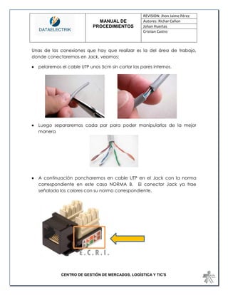 MANUAL DE 
PROCEDIMIENTOS 
REVISION: Jhon Jaime Pérez 
Autores: Richar Cañon 
Johan Huertas 
Cristian Castro 
CENTRO DE GESTIÓN DE MERCADOS, LOGÍSTICA Y TIC'S 
Unas de las conexiones que hay que realizar es la del área de trabajo, donde conectaremos en Jack, veamos: 
 pelaremos el cable UTP unos 5cm sin cortar los pares internos. 
 Luego separaremos cada par para poder manipularlos de la mejor manera 
 A continuación poncharemos en cable UTP en el Jack con la norma correspondiente en este caso NORMA B. El conector Jack ya trae señalada los colores con su norma correspondiente. 
 