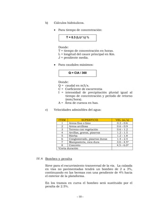 b) Cálculos hidráulicos. 
 Para tiempo de concentración: 
T = 0.3 (L/J ¼) ¾ 
Donde: 
T = tiempo de concentración en horas. 
L = longitud del cauce principal en Km. 
J = pendiente media. 
 Para caudales máximos: 
Q = CIA / 360 
Donde: 
Q = caudal en m3/s. 
C = Coeficiente de escorrentia 
I = intensidad de precipitación pluvial igual al 
tiempo de concentración y período de retorno 
(mm/hora). 
A = Área de cuenca en has. 
c) Velocidades admisibles del agua: 
ITEM SUPERFICIE VEL (m/s) 
1 Arena fina o limo 0.2 - 0.6 
2 Arena arcillosa 0.6 - 0.9 
3 Terreno con vegetación 0.6 - 1.2 
4 Arcillas, gravas, pizarras 1.2 - 1.5 
5 Hierba 1.2 - 1.8 
6 Conglomerado, pizarras duras 1.4 - 2.4 
7 Mampostería, roca dura 3.0 - 4.5* 
8 Concreto 4.5 - 6.0* 
*Corta duración 
- 10 - 
IV.4 Bombeo y peralta 
Sirve para el escurrimiento transversal de la vía. La calzada 
en vías no pavimentadas tendrá un bombeo de 2 a 3%, 
continuando en las bermas con una pendiente de 4% hacia 
el exterior de la plataforma. 
En los tramos en curva el bombeo será sustituido por el 
peralta de 2.5%. 
 