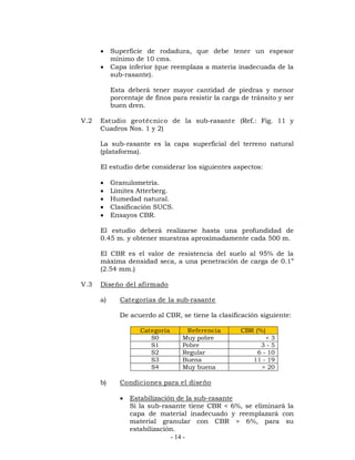  Superficie de rodadura, que debe tener un espesor 
mínimo de 10 cms. 
 Capa inferior (que reemplaza a materia inadecuada de la 
sub-rasante). 
Esta deberá tener mayor cantidad de piedras y menor 
porcentaje de finos para resistir la carga de tránsito y ser 
buen dren. 
V.2 Estudio geotécnico de la sub-rasante (Ref.: Fig. 11 y 
Cuadros Nos. 1 y 2) 
La sub-rasante es la capa superficial del terreno natural 
(plataforma). 
El estudio debe considerar los siguientes aspectos: 
 Granulometría. 
 Límites Atterberg. 
 Humedad natural. 
 Clasificación SUCS. 
 Ensayos CBR. 
El estudio deberá realizarse hasta una profundidad de 
0.45 m. y obtener muestras aproximadamente cada 500 m. 
El CBR es el valor de resistencia del suelo al 95% de la 
máxima densidad seca, a una penetración de carga de 0.1” 
(2.54 mm.) 
- 14 - 
V.3 Diseño del afirmado 
a) Categorías de la sub-rasante 
De acuerdo al CBR, se tiene la clasificación siguiente: 
Categoría Referencia CBR (%) 
S0 Muy pobre < 3 
S1 Pobre 3 - 5 
S2 Regular 6 - 10 
S3 Buena 11 - 19 
S4 Muy buena > 20 
b) Condiciones para el diseño 
 Estabilización de la sub-rasante 
Si la sub-rasante tiene CBR < 6%, se eliminará la 
capa de material inadecuado y reemplazará con 
material granular con CBR > 6%, para su 
estabilización. 
 