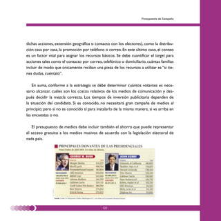 Presupuesto de Campaña




dichas acciones, extensión geográfica o contacto con los electores), como la distribu-
ción casa por casa, la promoción por teléfono o correo. En este último caso, el conteo
es un factor vital para asignar los recursos básicos. Se debe cuantificar el target para
acciones tales como el contacto por correo, telefónico o domiciliario, cuántas familias
incluir de modo que únicamente reciban una pieza de los recursos a utilizar es “si tie-
nes dudas, cuéntalo”.

    En suma, conforme a la estrategia se debe determinar cuántos votantes es nece-
sario alcanzar, cuáles son los costos relativos de los medios de comunicación y des-
pués decidir la mezcla correcta. Los tiempos de inversión publicitaria dependen de
la situación del candidato. Si es conocido, no necesitará gran campaña de medios al
principio; pero si no es conocido sí para instalarlo de la misma manera, si va arriba en
las encuestas o no.

   El presupuesto de medios debe incluir también el ahorro que puede representar
el acceso gratuito a los medios masivos de acuerdo con la legislación electoral de
cada país.




                                             121
 