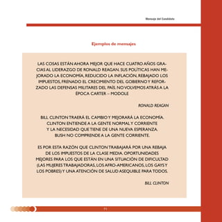 Mensaje del Candidato




                         Ejemplos de mensajes



 LAS COSAS ESTÁN AHORA MEJOR QUE HACE CUATRO AÑOS GRA-
CIAS AL LIDERAZGO DE RONALD REAGAN. SUS POLÍTICAS HAN ME-
JORADO LA ECONOMÍA, REDUCIDO LA INFLACIÓN, REBAJADO LOS
 IMPUESTOS, FRENADO EL CRECIMIENTO DEL GOBIERNO Y REFOR-
ZADO LAS DEFENSAS MILITARES DEL PAÍS. NO VOLVEMOS ATRÁS A LA
                  ÉPOCA CARTER – MODOLE

                                                RONALD REAGAN

  BILL CLINTON TRAERÁ EL CAMBIO Y MEJORARÁ LA ECONOMÍA.
     CLINTON ENTIENDE A LA GENTE NORMAL Y CORRIENTE
     Y LA NECESIDAD QUE TIENE DE UNA NUEVA ESPERANZA.
         BUSH NO COMPRENDE A LA GENTE CORRIENTE.

 ES POR ESTA RAZÓN QUE CLINTON TRABAJARÁ POR UNA REBAJA
     DE LOS IMPUESTOS DE LA CLASE MEDIA. OPORTUNIDADES
MEJORES PARA LOS QUE ESTÁN EN UNA SITUACIÓN DE DIFICULTAD
(LAS MUJERES TRABAJADORAS, LOS AFRO-AMERICANOS, LOS GAYS Y
LOS POBRES) Y UNA ATENCIÓN DE SALUD ASEQUIBLE PARA TODOS.

                                                  BILL CLINTON




                              71
 