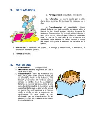 3. DECLAMADOR
a. Participantes: 1 conquistador (niño o niña)
b. Materiales: un poema escrito por el club;
disfraz de un personaje del tiempo de Rut elaborado por el
club.
c. Procedimiento: el conquistador elegido
deberá declamar con toda emoción un poema sobre la
historia de Rut. Deberá vestirse acorde a la época del
personaje. Sean creativos. No es predicación por lo que el
participante deberá recitar el texto bellamente redactado,
darle la entonación adecuada y los ademanes que
acompañen dicha declamación. Deben entregar el poema
por escrito a los jueces al momento de inscribirse en el
evento.
d. Puntuación: la redacción del poema, el manejo y memorización, la elocuencia, la
entonación, ademanes y disfraz.
e. Tiempo: 5 minutos.
	
	
4. MATUTINA
a. Participantes: 2 conquistadores.
b. Materiales: Matutina de jóvenes 2017 de la
APIA, mes de abril.
c. Procedimiento: Debe de memorizar día,
fecha, título, cita y texto. Ejemplo: martes, 11
de diciembre, “titulo de la matutina”, “cita
bíblica”, y “versículo”. El evento es oral que
consiste en rondas donde los participantes
tomarán un número correspondiente al día,
demostrarán la matutina de memoria y se irá
descalificando los que no acierten. Se tomará
en cuenta las equivocaciones y el tiempo,
según la ronda en que se encuentren los
participantes. En cada ronda se van
eliminando con los requerimientos de los
evaluadores. Los jueces evaluaran del mismo
libro de la matutina.
	
	
	
	
	
 