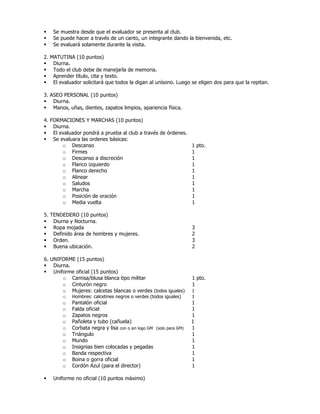§ Se muestra desde que el evaluador se presenta al club.
§ Se puede hacer a través de un canto, un integrante dando la bienvenida, etc.
§ Se evaluará solamente durante la visita.
2. MATUTINA (10 puntos)
§ Diurna.
§ Todo el club debe de manejarla de memoria.
§ Aprender título, cita y texto.
§ El evaluador solicitará que todos la digan al unísono. Luego se eligen dos para que la repitan.
3. ASEO PERSONAL (10 puntos)
§ Diurna.
§ Manos, uñas, dientes, zapatos limpios, apariencia física.
4. FORMACIONES Y MARCHAS (10 puntos)
§ Diurna.
§ El evaluador pondrá a prueba al club a través de órdenes.
§ Se evaluara las ordenes básicas:
o Descanso 1 pto.
o Firmes 1
o Descanso a discreción 1
o Flanco izquierdo 1
o Flanco derecho 1
o Alinear 1
o Saludos 1
o Marcha 1
o Posición de oración 1
o Media vuelta 1
5. TENDEDERO (10 puntos)
§ Diurna y Nocturna.
§ Ropa mojada 3
§ Definido área de hombres y mujeres. 2
§ Orden. 3
§ Buena ubicación. 2
6. UNIFORME (15 puntos)
§ Diurna.
§ Uniforme oficial (15 puntos)
o Camisa/blusa blanca tipo militar 1 pto.
o Cinturón negro 1
o Mujeres: calcetas blancas o verdes (todos iguales) 1
o Hombres: calcetines negros o verdes (todos iguales) 1
o Pantalón oficial 1
o Falda oficial 1
o Zapatos negros 1
o Pañoleta y tubo (cañuela) 1
o Corbata negra y lisa con o sin logo GM (solo para GM) 1
o Triángulo 1
o Mundo 1
o Insignias bien colocadas y pegadas 1
o Banda respectiva 1
o Boina o gorra oficial 1
o Cordón Azul (para el director) 1
§ Uniforme no oficial (10 puntos máximo)
 