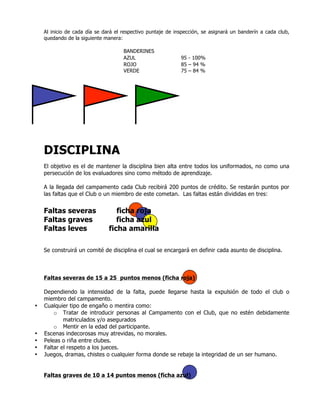 Al inicio de cada día se dará el respectivo puntaje de inspección, se asignará un banderín a cada club,
quedando de la siguiente manera:
BANDERINES
AZUL 95 - 100%
ROJO 85 – 94 %
VERDE 75 – 84 %
DISCIPLINA
El objetivo es el de mantener la disciplina bien alta entre todos los uniformados, no como una
persecución de los evaluadores sino como método de aprendizaje.
A la llegada del campamento cada Club recibirá 200 puntos de crédito. Se restarán puntos por
las faltas que el Club o un miembro de este cometan. Las faltas están divididas en tres:
Faltas severas ficha roja
Faltas graves ficha azul
Faltas leves ficha amarilla
Se construirá un comité de disciplina el cual se encargará en definir cada asunto de disciplina.
Faltas severas de 15 a 25 puntos menos (ficha roja)
Dependiendo la intensidad de la falta, puede llegarse hasta la expulsión de todo el club o
miembro del campamento.
• Cualquier tipo de engaño o mentira como:
o Tratar de introducir personas al Campamento con el Club, que no estén debidamente
matriculados y/o asegurados
o Mentir en la edad del participante.
• Escenas indecorosas muy atrevidas, no morales.
• Peleas o riña entre clubes.
• Faltar el respeto a los jueces.
• Juegos, dramas, chistes o cualquier forma donde se rebaje la integridad de un ser humano.
Faltas graves de 10 a 14 puntos menos (ficha azul)
 