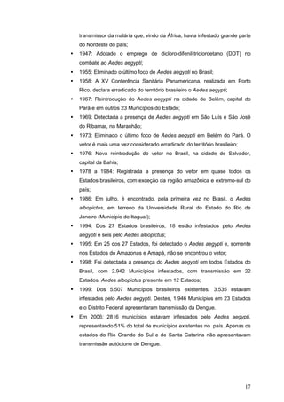 17
transmissor da malária que, vindo da África, havia infestado grande parte
do Nordeste do país;
1947: Adotado o emprego de dicloro-difenil-tricloroetano (DDT) no
combate ao Aedes aegypti;
1955: Eliminado o último foco de Aedes aegypti no Brasil;
1958: A XV Conferência Sanitária Panamericana, realizada em Porto
Rico, declara erradicado do território brasileiro o Aedes aegypti;
1967: Reintrodução do Aedes aegypti na cidade de Belém, capital do
Pará e em outros 23 Municípios do Estado;
1969: Detectada a presença de Aedes aegypti em São Luís e São José
do Ribamar, no Maranhão;
1973: Eliminado o último foco de Aedes aegypti em Belém do Pará. O
vetor é mais uma vez considerado erradicado do território brasileiro;
1976: Nova reintrodução do vetor no Brasil, na cidade de Salvador,
capital da Bahia;
1978 a 1984: Registrada a presença do vetor em quase todos os
Estados brasileiros, com exceção da região amazônica e extremo-sul do
país;
1986: Em julho, é encontrado, pela primeira vez no Brasil, o Aedes
albopictus, em terreno da Universidade Rural do Estado do Rio de
Janeiro (Município de Itaguaí);
1994: Dos 27 Estados brasileiros, 18 estão infestados pelo Aedes
aegypti e seis pelo Aedes albopictus;
1995: Em 25 dos 27 Estados, foi detectado o Aedes aegypti e, somente
nos Estados do Amazonas e Amapá, não se encontrou o vetor;
1998: Foi detectada a presença do Aedes aegypti em todos Estados do
Brasil, com 2.942 Municípios infestados, com transmissão em 22
Estados, Aedes albopictus presente em 12 Estados;
1999: Dos 5.507 Municípios brasileiros existentes, 3.535 estavam
infestados pelo Aedes aegypti. Destes, 1.946 Municípios em 23 Estados
e o Distrito Federal apresentaram transmissão da Dengue.
Em 2006: 2816 municípios estavam infestados pelo Aedes aegypti,
representando 51% do total de municípios existentes no país. Apenas os
estados do Rio Grande do Sul e de Santa Catarina não apresentavam
transmissão autóctone de Dengue.
 