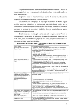 47
O agente de saúde deve oferecer as informações de que dispõe e discutir as
soluções possíveis com o morador, estimulando alternativas novas e adequadas às
suas possibilidades.
Na próxima visita ao mesmo imóvel, o agente de saúde deverá avaliar o
quanto foi produtivo e conseqüente o contato anterior.
É evidente que a participação da população no controle do Aedes aegypti
envolve todos os cidadãos e o compromisso das autoridades locais, com o
atendimento das necessidades apontadas pela comunidade, devendo-se, inclusive,
convocar os setores do comércio e indústria, além de associações ou grupos
representativos da comunidade.
O estímulo a essa participação efetiva necessita ser permanente. Porém, os
resultados ou a expectativa de respostas eficazes não devem ser esperadas pra
curto prazo, e sim para médio e longo prazo, uma vez que implicam em mudança de
comportamentos já bastante arraigados.
MEDIDAS DE CONTROLE MECÂNICO E ALTERNATIVO COM UTILIZAÇÃO DE PRODUTOS
CASEIROS
RECIPIENTE RECOMENDAÇÕES/CUIDADOS
Pratos de vasos de plantas e
flores c/ terra
- Eliminar os pratos, principalmente os localizados na área externa.
- Utilizar pratos justapostos. Substituir pratos, por outros menores
justapostos, remanejando os já existentes.
- Furar os pratos.
- Emborcar os pratos sob os vasos.
- Adicionar areia nos pratos.
- Eliminar a água acumulada nos pratos depois de regar as plantas, e
de preferência, também escovar os pratos e a parede externa dos
vasos.
Vasos de plantas e flores c/
água
- Colocar a planta em vaso com Terra. Lavar e guardar o antigo vaso
emborcado, ou seco ao abrigo da chuva.
- Trocar a água 2 vezes por semana e, de preferência escovar a
parede interna dos vasos e lavar com água corrente as raízes das
plantas.
- Floreiro: remover as flores e trocar a água 2 vezes por semana e, de
preferência, lavar o vaso.
- Plantas em água para criar raiz: vedar a boca do vaso com algodão,
tecido ou papel alumínio, ou trocar a água 2 vezes por semana e, de
preferência, lavar o vaso.
Material Inservível (latas,
garrafas de vidro ou plástico,
potes de iogurte, margarina ou
maionese, calçados e
brinquedos velhos, etc.)
- Colocar no cesto ou saco de lixo, para a coleta rotineira da
Limpeza Pública.
Pneus - Secar e guardar secos em local coberto.
- Quando precisarem permanecer ao relento, tratar com sal
(1copo cheio).
- Retirar do imóvel, entregando-os em pontos de coleta de pneus, ou
agendando seu recolhimento pela Prefeitura Municipal.
- Furar, no mínimo em 6 pontos eqüidistantes, mantendo-os na
posição vertical. Quando utilizados para balanço, é suficiente um único
orifício no seu nível mais baixo.
Garrafas de vidro retornáveis ou
outras inclusive de plástico de
utilidade para o responsável
pelo imóvel
- Secar e guardar, em locais cobertos e de preferência emborcados ou
tampados.
- Se ao relento, emborcar ou tampar, especialmente as de plástico.
Cacos de vidro no muro - Quebrar os gargalos e fundos de garrafas e/ou colocar massa de
cimento, nos locais que acumulem água.
Caiaque e Canoa - Secar e guardar em local coberto, ou caso precisem ficar ao relento,
guardá-los virados para baixo.
 