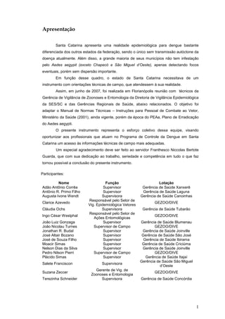 1
Apresentação
Santa Catarina apresenta uma realidade epidemiológica para dengue bastante
diferenciada dos outros estados da federação, sendo o único sem transmissão autóctone da
doença atualmente. Além disso, a grande maioria de seus municípios não tem infestação
pelo Aedes aegypit (exceto Chapecó e São Miguel d’Oeste), apenas detectando focos
eventuais, porém sem dispersão importante.
Em função desse quadro, o estado de Santa Catarina necessitava de um
instrumento com orientações técnicas de campo, que atendessem à sua realidade.
Assim, em junho de 2007, foi realizada em Florianópolis reunião com técnicos da
Gerência de Vigilância de Zoonoses e Entomologia da Diretoria de Vigilância Epidemiológica
da SES/SC e das Gerências Regionais de Saúde, abaixo relacionados. O objetivo foi
adaptar o Manual de Normas Técnicas – Instruções para Pessoal de Combate ao Vetor,
Ministério da Saúde (2001), ainda vigente, porém da época do PEAa, Plano de Erradicação
do Aedes aegypti.
O presente instrumento representa o esforço coletivo dessa equipe, visando
oportunizar aos profissionais que atuam no Programa de Controle da Dengue em Santa
Catarina um acesso às informações técnicas de campo mais adequadas.
Um especial agradecimento deve ser feito ao servidor Franthesco Niccolas Bertote
Guarda, que com sua dedicação ao trabalho, seriedade e competência em tudo o que faz
tornou possível a conclusão do presente instrumento.
Participantes:
Nome Função Lotação
Adão Antônio Corrêa Supervisor Gerência de Saúde Xanxerê
Antônio R. Primo Filho Supervisor Gerência de Saúde Laguna
Augusta Ivone Wendt Supervisora Gerência de Saúde Canoinhas
Clarice Azevedo
Responsável pelo Setor de
Vig. Epidemiológica Vetores
GEZOO/DIVE
Cláudia Ochs Supervisora Gerência de Saúde Tubarão
Ingo César Westphal
Responsável pelo Setor de
Ações Entomológicas
GEZOO/DIVE
João Luiz Gonzaga Supervisor Gerência de Saúde Blumenau
João Nicolau Turnes Supervisor de Campo GEZOO/DIVE
Jonathan R. Budal Supervisor Gerência de Saúde Joinville
José Altair Bozano Supervisor Gerência de Saúde São José
José de Souza Filho Supervisor Gerência de Saúde Ibirama
Moacir Simas Supervisor Gerência de Saúde Criciúma
Nelson Dias da Silva Supervisor Gerência de Saúde Joinville
Pedro Nilson Pierri Supervisor de Campo GEZOO/DIVE
Plácido Simas Supervisor Gerência de Saúde Itajaí
Salete Franciscon Supervisora
Gerência de Saúde São Miguel
d’Oeste
Suzana Zeccer
Gerente de Vig. de
Zoonoses e Entomologia
GEZOO/DIVE
Terezinha Schneider Supervisora Gerência de Saúde Concórdia
 
