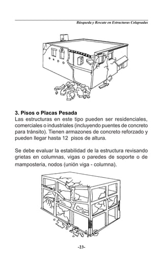 Búsqueda y Rescate en Estructuras Colapsadas




3. Pisos o Placas Pesada
Las estructuras en este tipo pueden ser residenciales,
comerciales o industriales (incluyendo puentes de concreto
para tránsito). Tienen armazones de concreto reforzado y
pueden llegar hasta 12 pisos de altura.

Se debe evaluar la estabilidad de la estructura revisando
grietas en columnas, vigas o paredes de soporte o de
mamposteria, nodos (unión viga - columna).




                           -23-
 