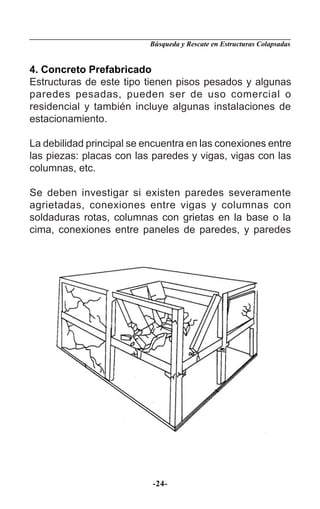 Búsqueda y Rescate en Estructuras Colapsadas


4. Concreto Prefabricado
Estructuras de este tipo tienen pisos pesados y algunas
paredes pesadas, pueden ser de uso comercial o
residencial y también incluye algunas instalaciones de
estacionamiento.

La debilidad principal se encuentra en las conexiones entre
las piezas: placas con las paredes y vigas, vigas con las
columnas, etc.

Se deben investigar si existen paredes severamente
agrietadas, conexiones entre vigas y columnas con
soldaduras rotas, columnas con grietas en la base o la
cima, conexiones entre paneles de paredes, y paredes




                           -24-
 